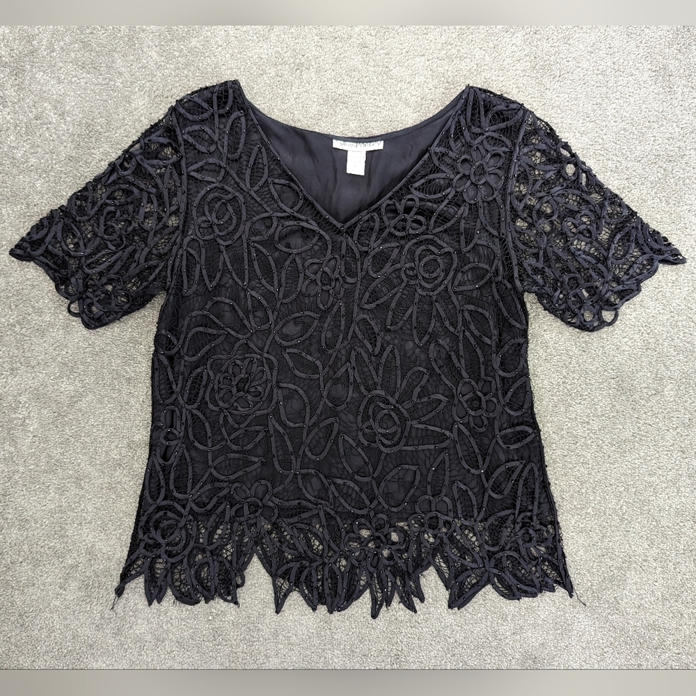 SILKEN Poetry Vintage Black Silk Beaded Crochet Lace Top size Medium